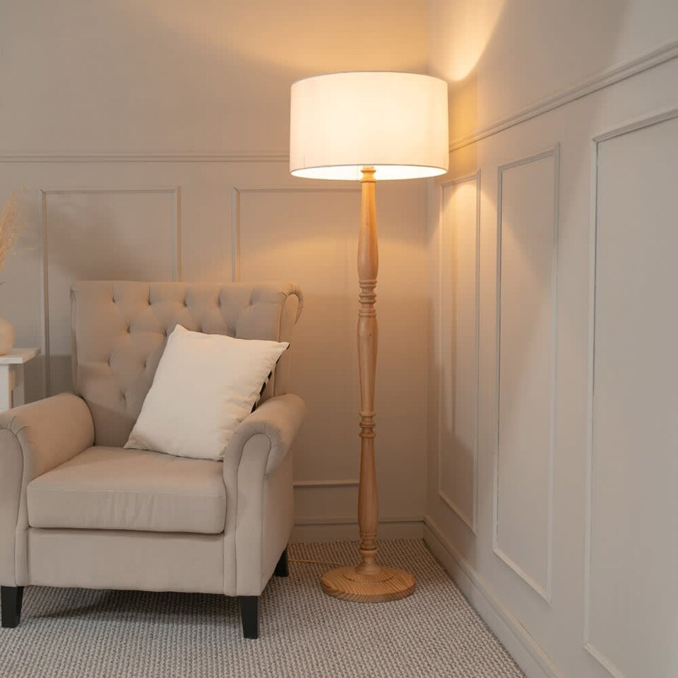 image 1 of ValueLights Victoria Light Wood Floor Lamp White Shade | Brown | White