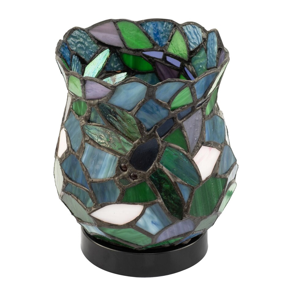 image 1 of Dragonfly Themed Open Top Blue and Green Stained Glass Tiffany Lamp