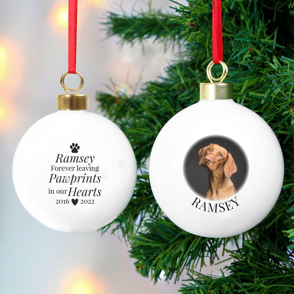 image 1 of Personalised Paw Print Memorial Photo Upload Bauble