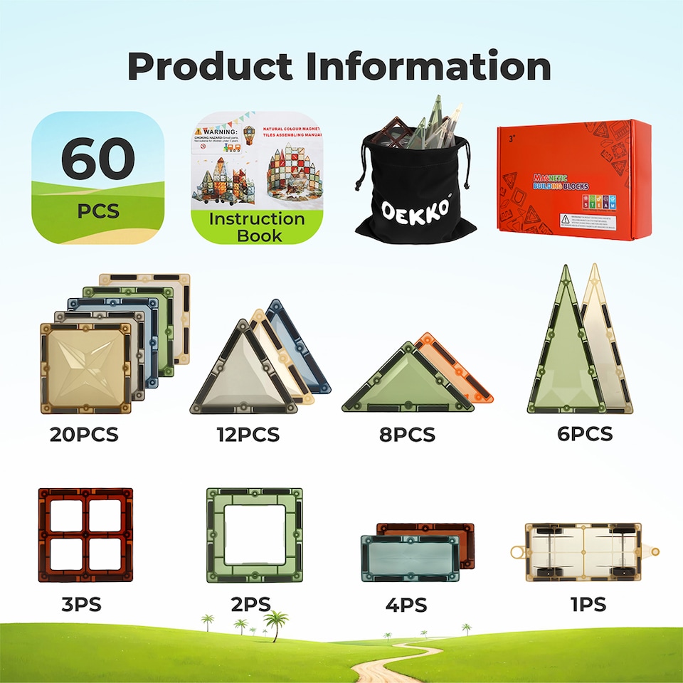 image 1 of Dekko 60pc Magnetic Building Blocks Set STEM Educational Toy for Kids | Multi | Nature