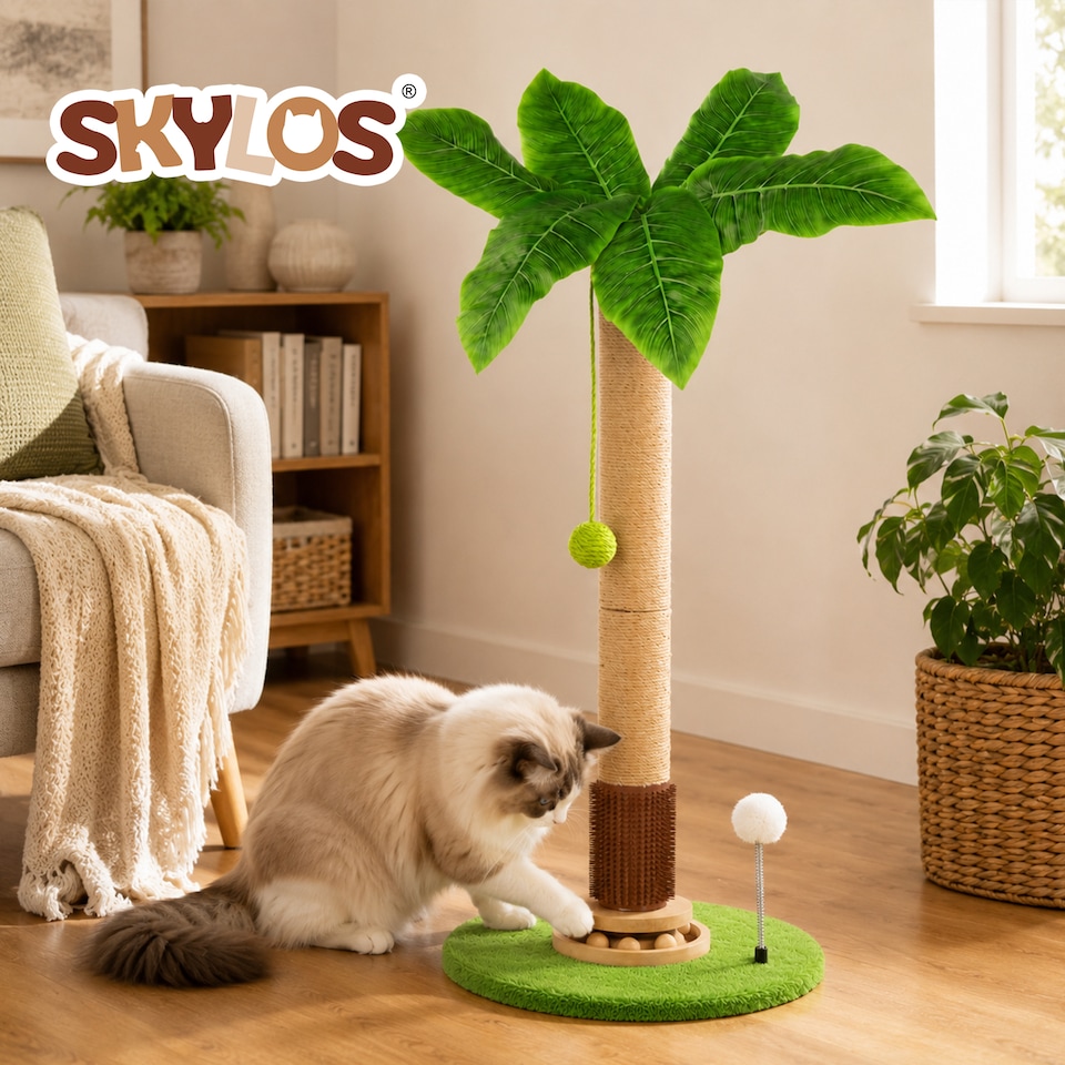 image 1 of Skylos Cat Scratching Post Palm Tree Cat Scratcher With Brush Toy Indoor Green