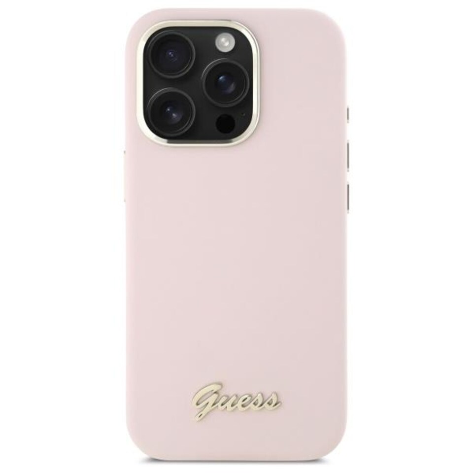 image 1 of Guess Silicone Script Metal Logo & Frame Case for iPhone 16 Pro Max 6.9 Pink - GUHCP16XSMBSLP
