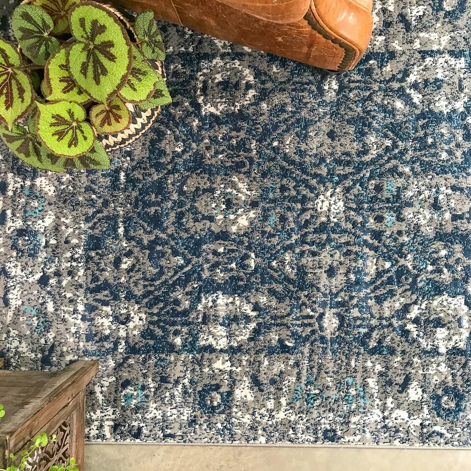 image 1 of KUKOON Navy Blue Grey Floral Traditional Bordered Rug 80cm x 150cm Blue