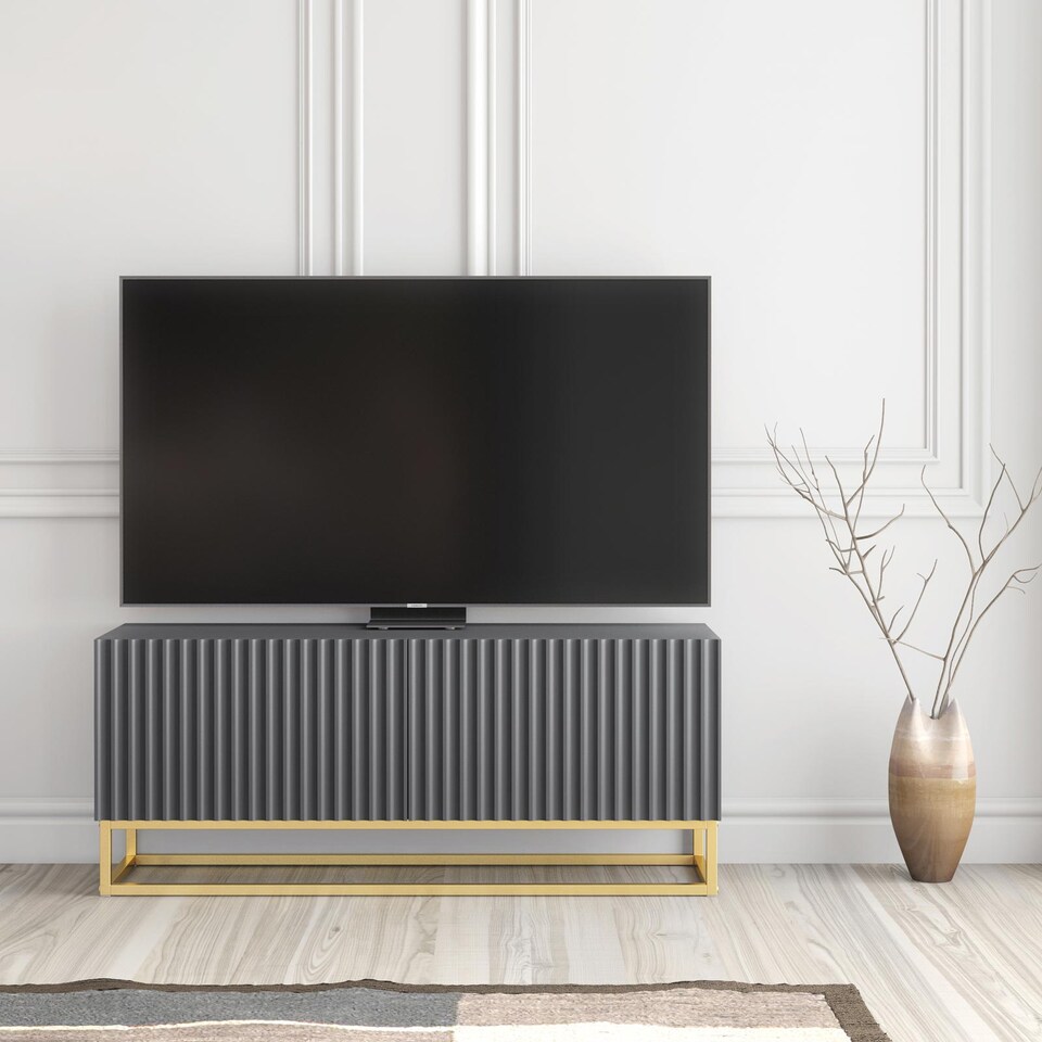 image 1 of TV Unit Stand Cabinet Sideboard Media Cabinet Storage Unit Grey Fluted Gold Base 100cm