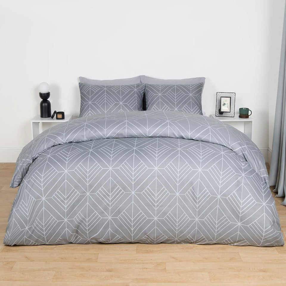 image 1 of OHS Isaac Geometric Reversible Print Duvet Cover and Pillowcase Bedding Set, Double - Grey