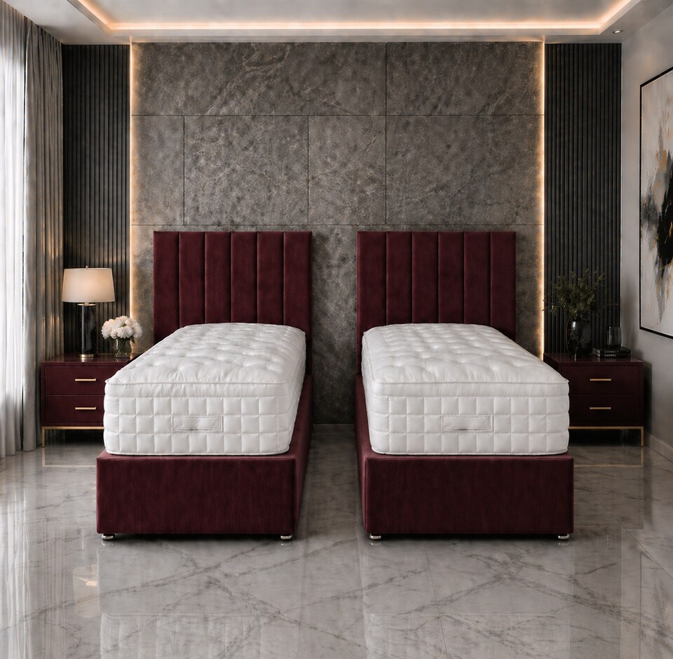 image 1 of 5ft Kingsize Zip Link 6x3 Length Maroon Plush Divan Bed Full Set 4 Drawers