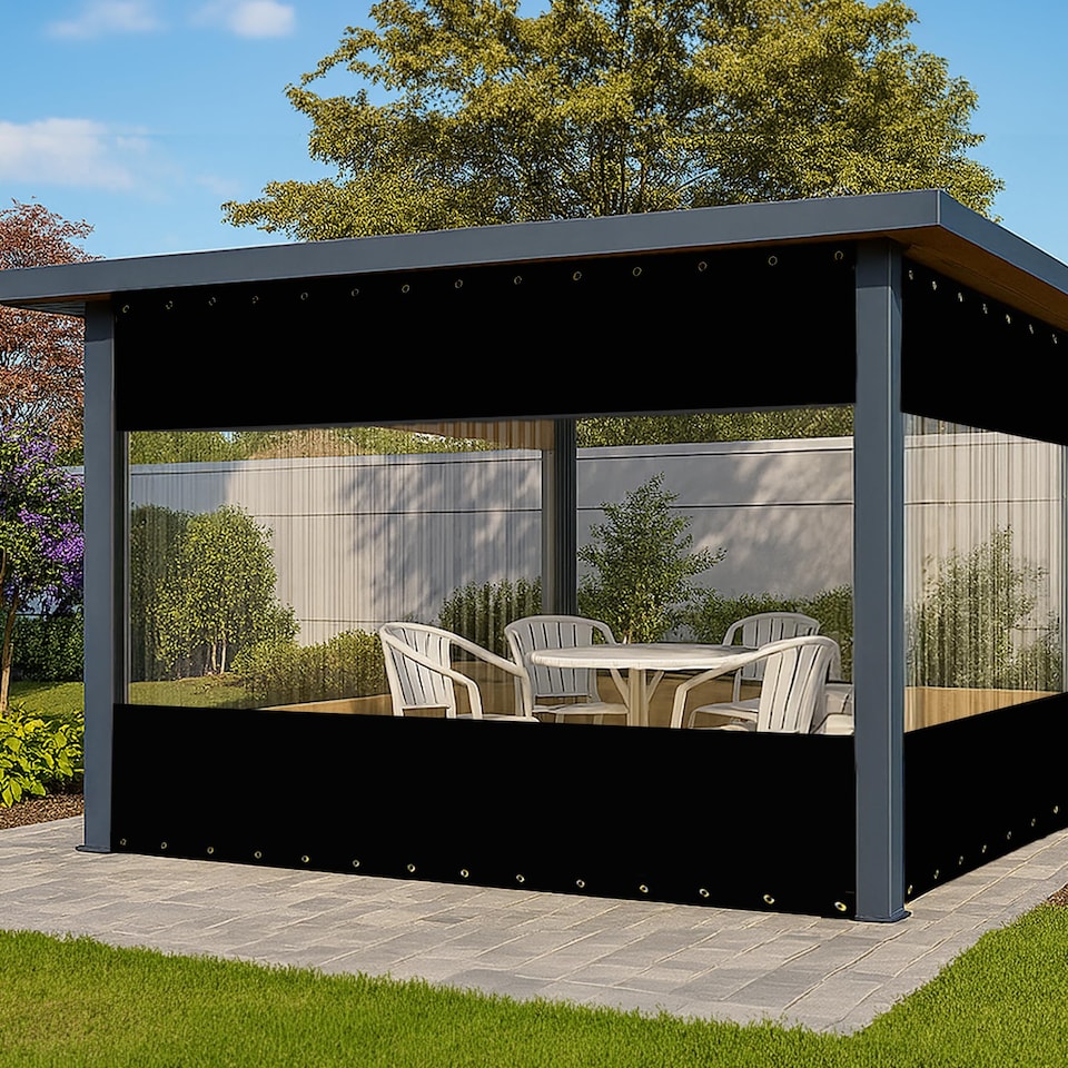 image 1 of Covers&All Outdoor Clear Panel Curtain, Outdoor Curtains for Patio, Waterproof & Weather Resistant Tarp, 10 ft H x 13 ft W, Black