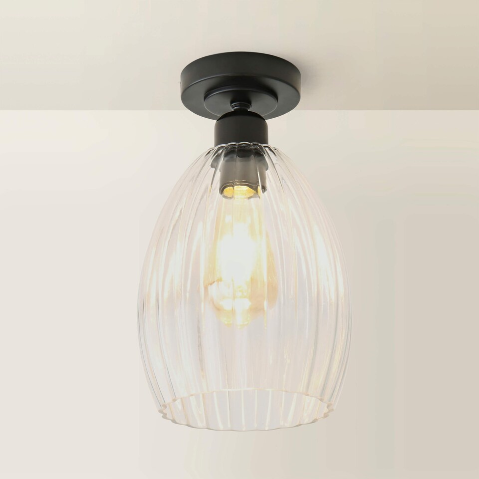 image 1 of ValueLights Cheltenham Black Flush Ceiling Light Ribbed Shade and Bulb