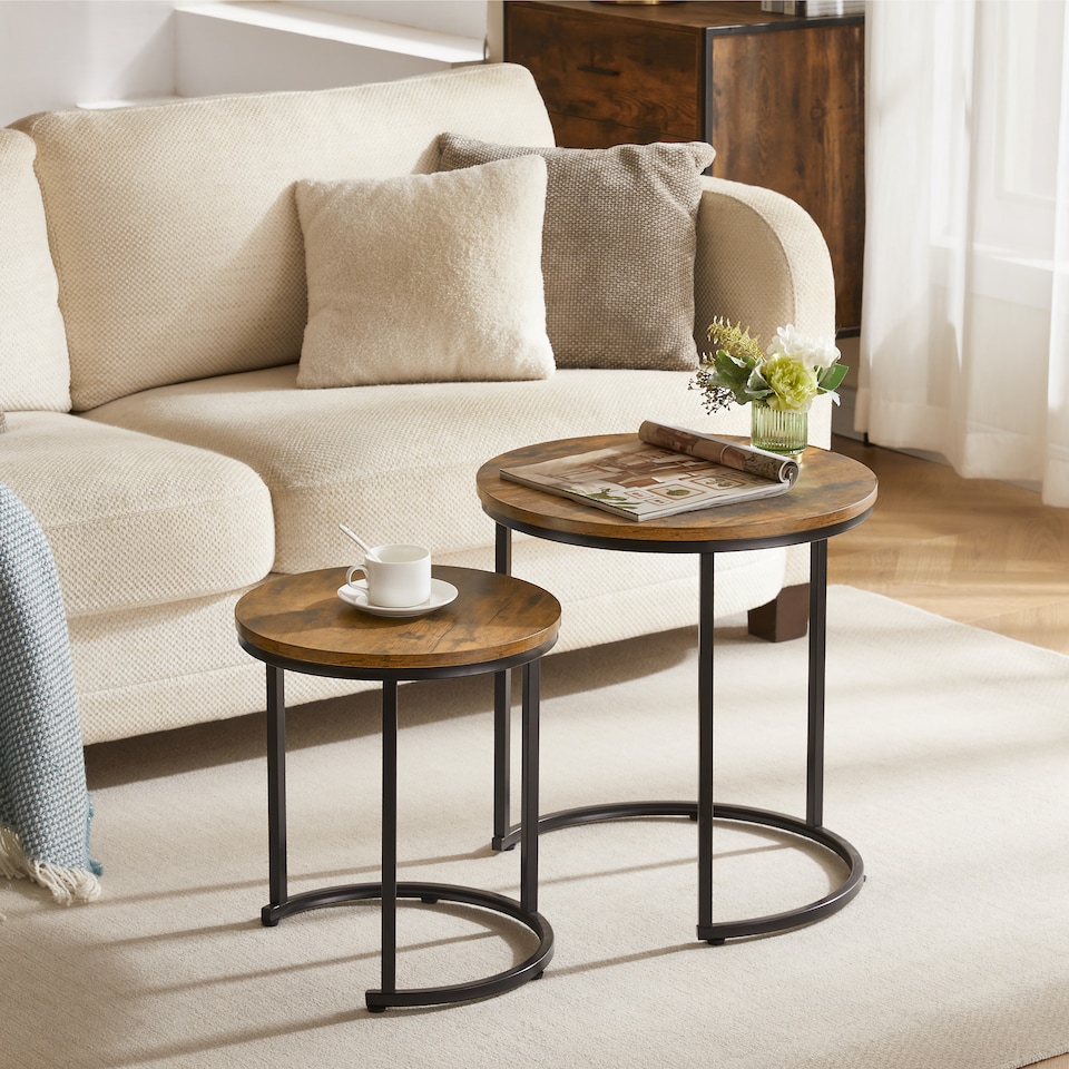 image 1 of Vida Designs Brooklyn Round Nest of Tables 2 Piece Set Nesting Sofa Bedside Side Table, Dark Wood