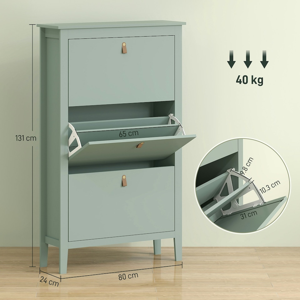 image 1 of HOMCOM 3 Drawer Shoe Cabinet with Flip Doors for Hallway, Entryway Green | 80W x 24D x 131H cm