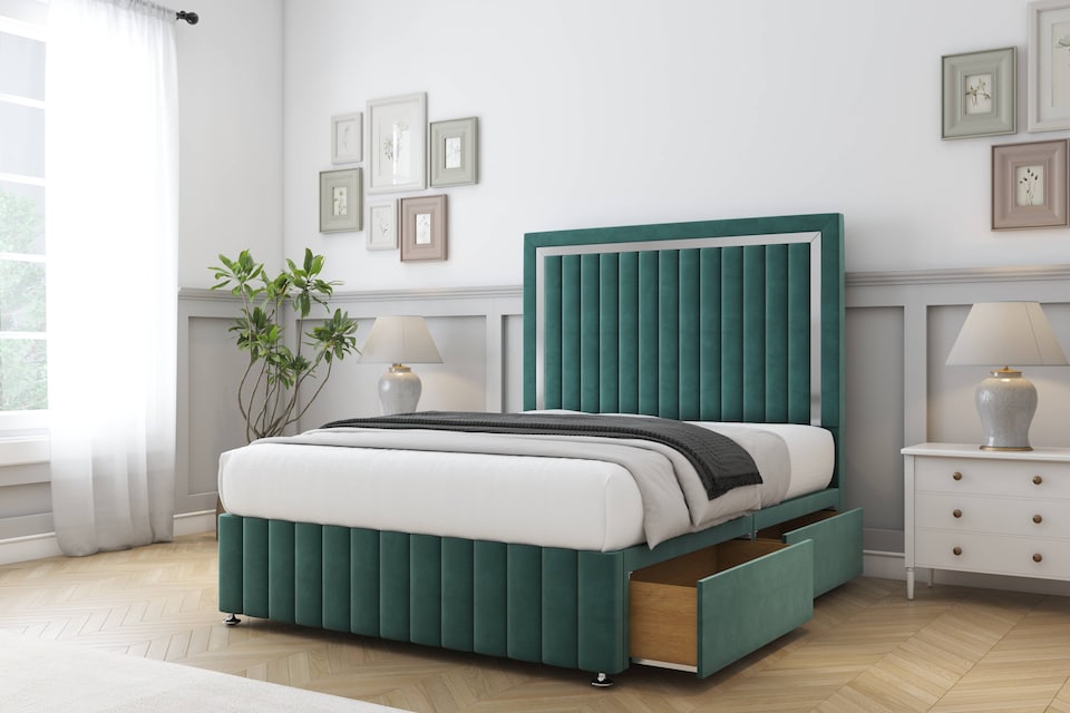 image 1 of Sloomy Boston Chrome Emerald Plush Divan Bed With Mattress 4 Drawers With 54" Floor Standing Headboard & 12" Matching Footboard 4'6 Double | Green | Emerald | Double | 1