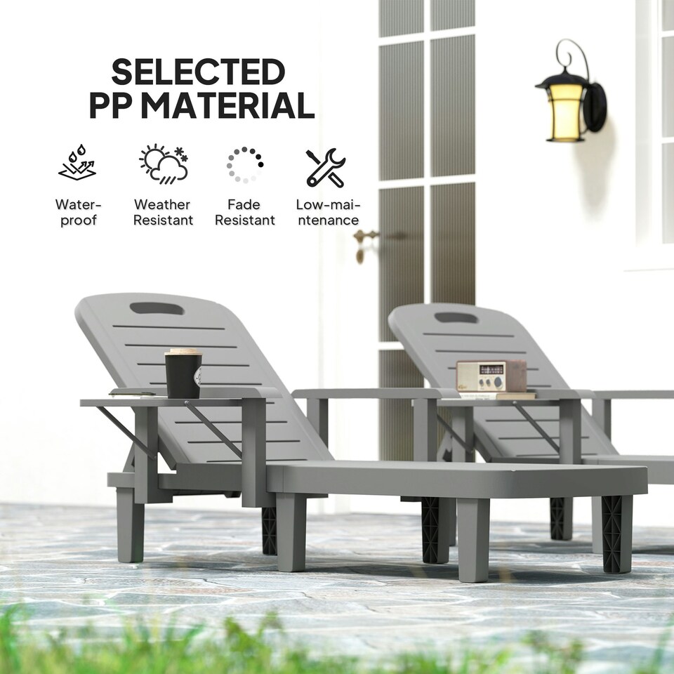 image 1 of Outsunny Set of 2 Resin Reclining Sun Loungers for Garden, Dark Grey