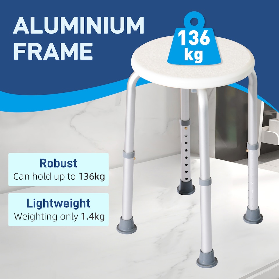 image 1 of HOMCOM Shower Chair, Adjustable Height Shower Stool with Aluminium Frame and Non-Slip Feet, Bathtub Stool Seat for Elderly Disabled Handicap, White