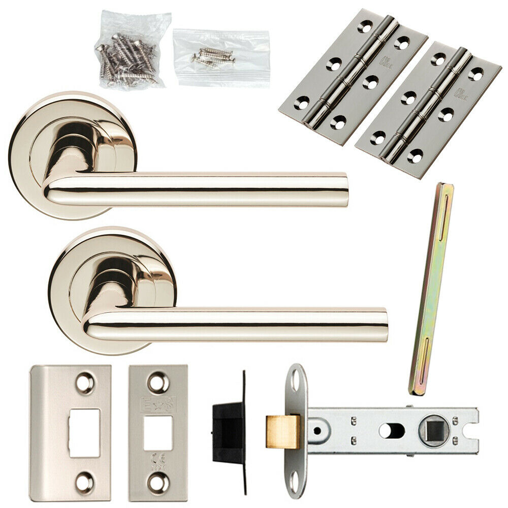 Loops Door Handle & Latch Pack Polished Nickel Straight Slim Lever Screwless Rose in Metallics