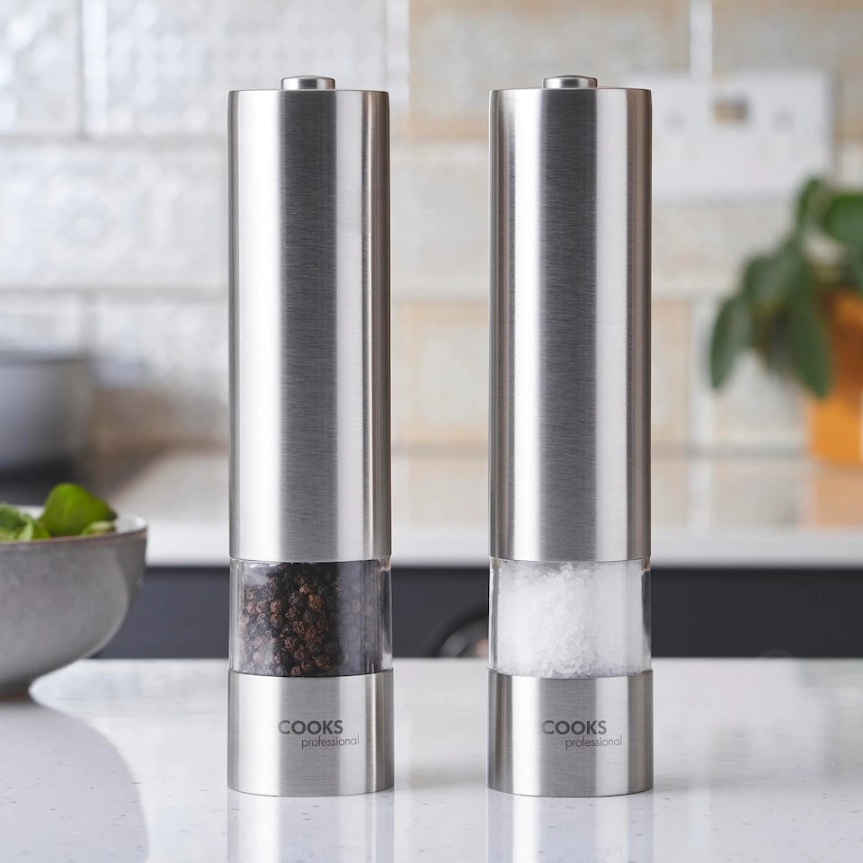 image 1 of Cooks Professional Electric Salt & Pepper Mill - Stainless Steel Automatic Grinder | Silver | Silver | 2