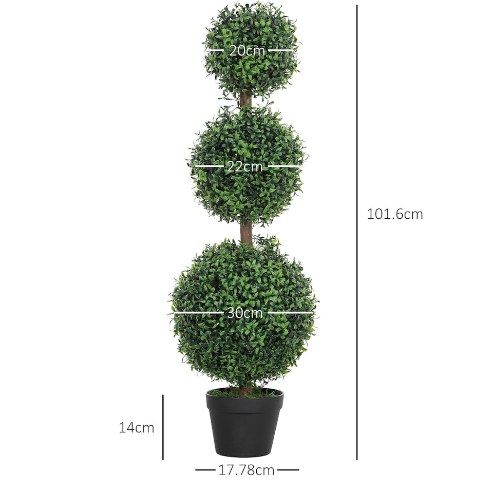 image 1 of HOMCOM Set of 2 Decorative Artificial Trees, Topiary Ball-shaped Boxwood Trees in Pot, Fake Plants for Home Indoor outdoor Decor, 100cm, 3 Tree Balls