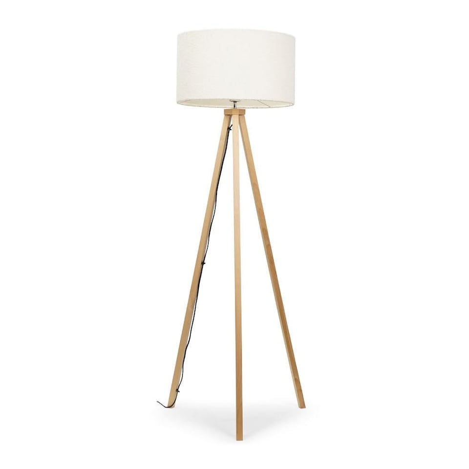 image 1 of ValueLights Barbro Wood Tripod Floor Lamp Cream Boucle Shade & Bulb