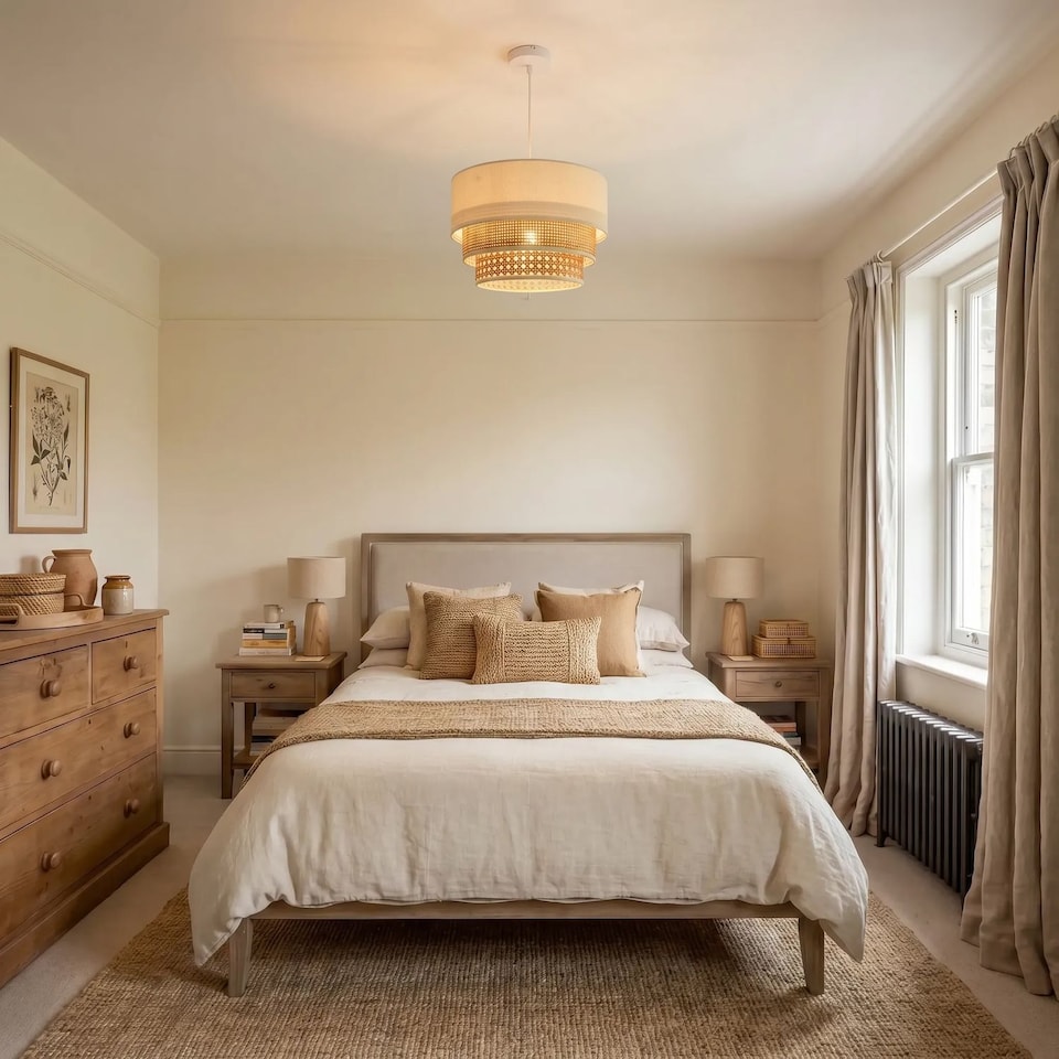 image 1 of Contemporary Triple Tier Cream Linen and Natural Rattan Pendant Shade | Brown | Brown | 1