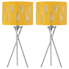 Set of 2 Tripod Table Lamps with Ochre Fern Cut Out Shades | Chrome | Yellow | Large | 2