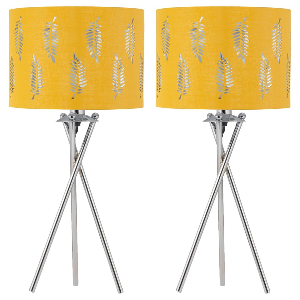 image 1 of Set of 2 Tripod Table Lamps with Ochre Fern Cut Out Shades | Chrome | Yellow | Large | 2