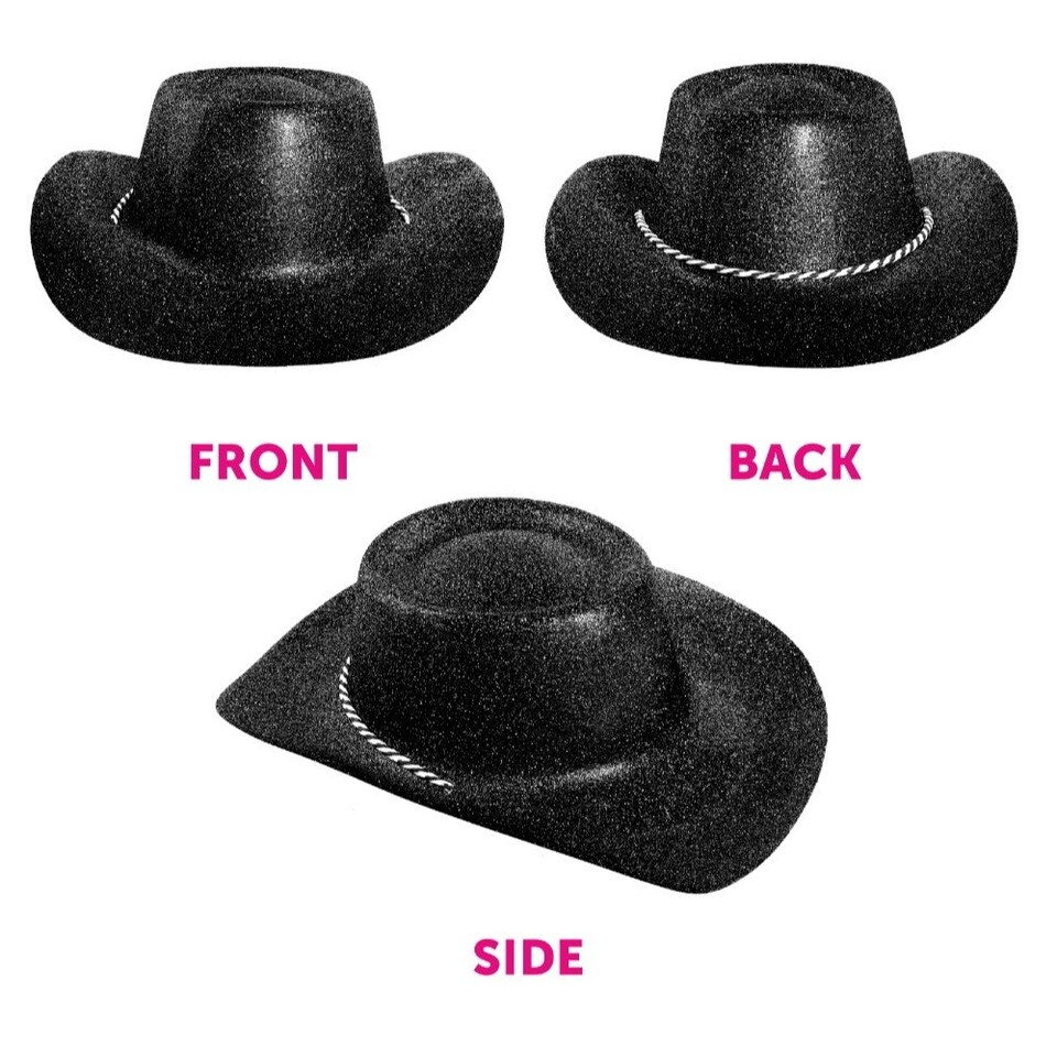 image 1 of Pack of 12 Black Glitter Cowboy Hat Black | One Size