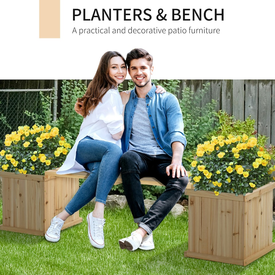 image 1 of Outsunny Wooden Garden Planter & Bench Combination Garden Raised Bed Natural
