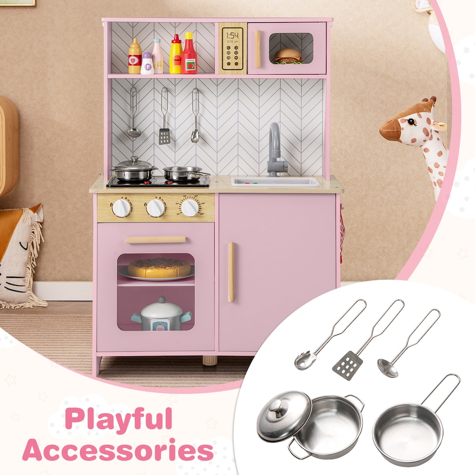 image 1 of COSTWAY Kids Kitchen Playset Pretend Play Kitchen Set with Sounds-Pink