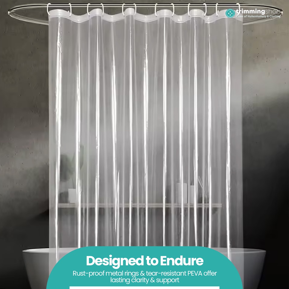image 1 of PEVA Transparent Bathroom Shower Curtain with 12 Hooks - 180x200cm