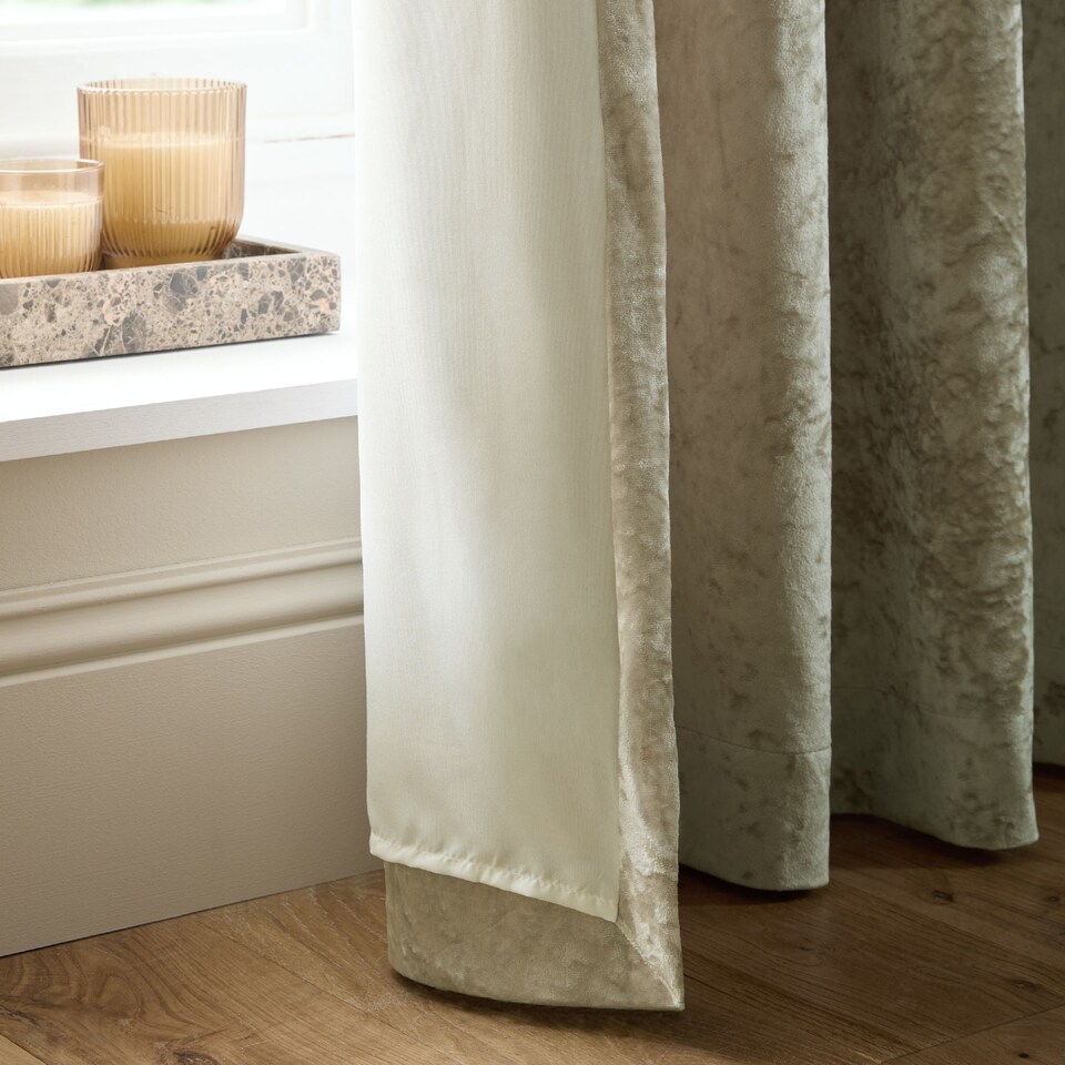 image 1 of Catherine Lansfield Crushed Velvet Lined Eyelet Curtains | Cream | Natural