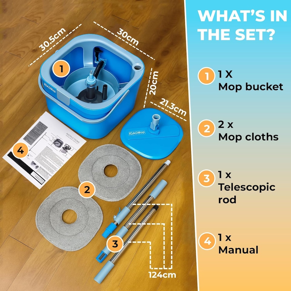 image 1 of IGADMop Professional Set with Bucket, 2 Chamber System for Separating Dirty and Clean Water, 130 cm Telescopic Handle, Microfibre Mop Pad