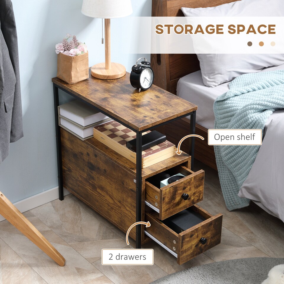 image 1 of HOMCOM Side Table, Narrow Bedside Table with 2 Drawers and Storage Shelf, Industrial End Table with Metal Frame for Small Spaces, Rustic Brown | Brown