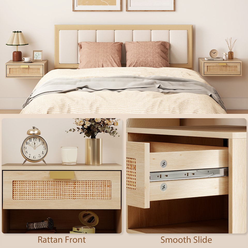image 1 of HOMCOM Floating Bedside Tables Set of 2, Boho Nightstands with Rattan Drawer | Brown | Oak | 40 x 30 x 15 cm