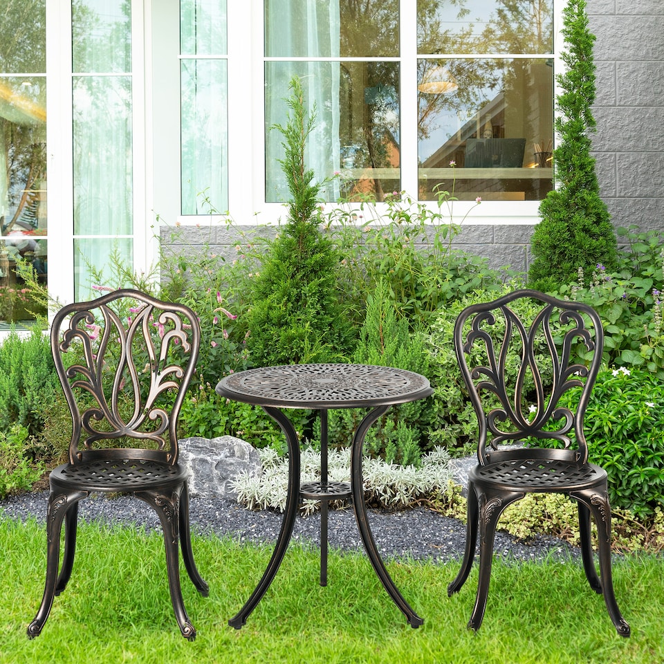 image 1 of Outsunny 3 Piece Patio Bistro Set Outdoor Table Set with Umbrella Hole Bronze