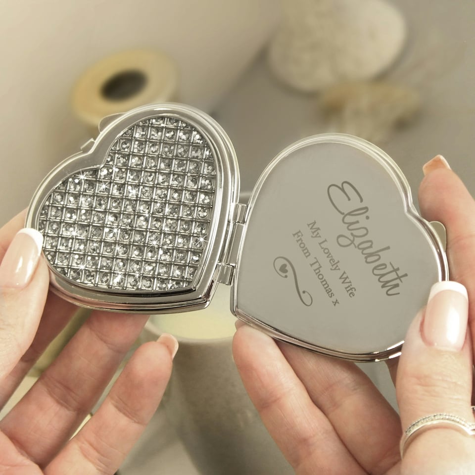 image 1 of Personalised Swirls & Hearts Diamante Heart Compact Mirror Silver