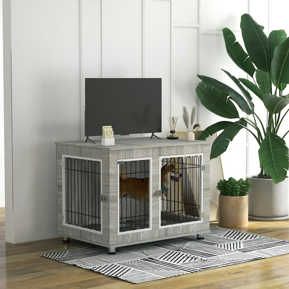 image 1 of PawHut Dog Crate Furniture, Dog Crate End Table w/ Soft Cushion, Double Door