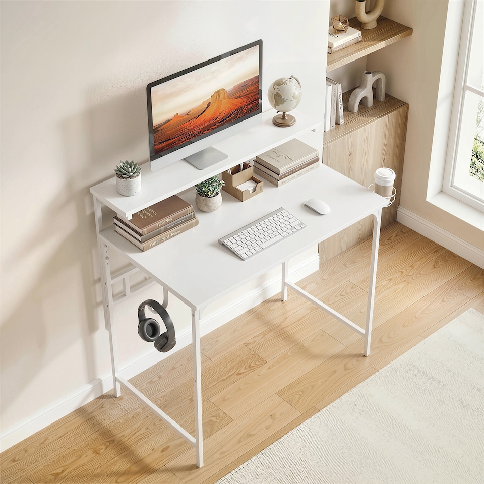 image 1 of HOMCOM Computer Desk, 80cm Home Office Study Table with Hutch Shelf | White | White | 80W x 50D x 121.7H cm