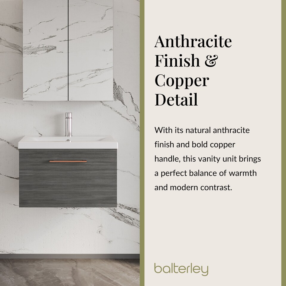 image 1 of 600mm Wall Hung 1 Drawer Vanity , Woodgrain Anthracite, Copper Handle | Grey | Anthracite Woodgrain | 399 x 610 x 390mm