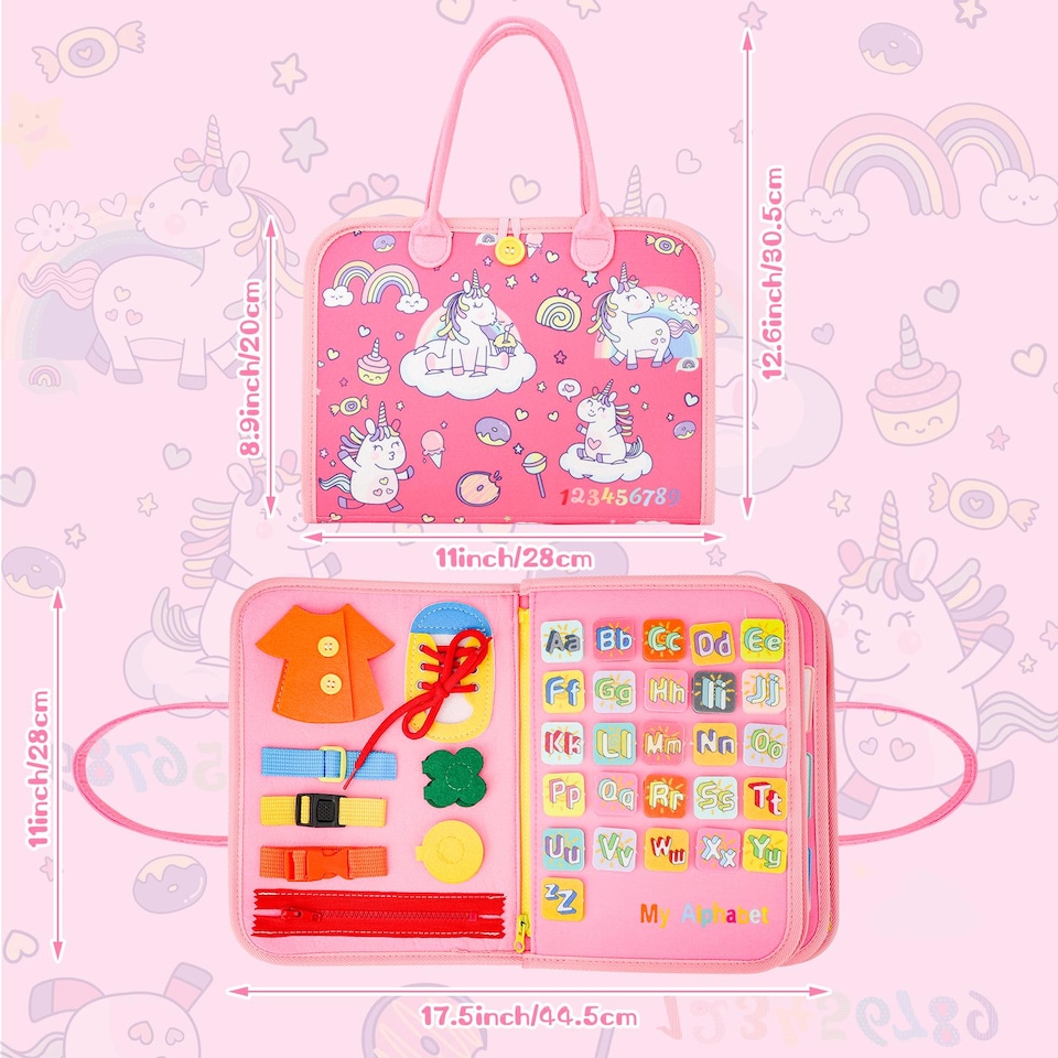 image 1 of Toddler Busy Board Busy Book Sensory Montessori Travel Toy - 10 Pages Quiet Book with Life Skills, Alphabet & Numbers (Pink)