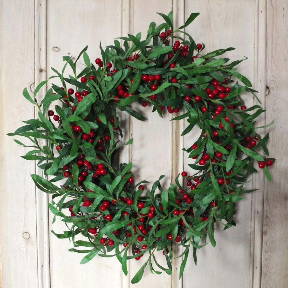 image 1 of 60cm (24 inches) Large Luxury Christmas Mistletoe Leaf and Red Berry Floristry Wreath
