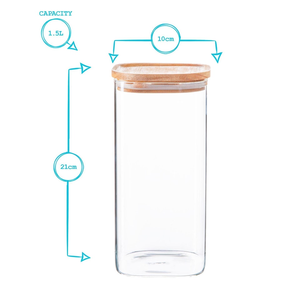 image 1 of Argon Tableware Square Glass Storage Jar with Wooden Lid - 1.5 Litre