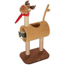 PawHut Cat Tree 98cm Deer-Designed Scratching Post with Ball Tunnel, Brown