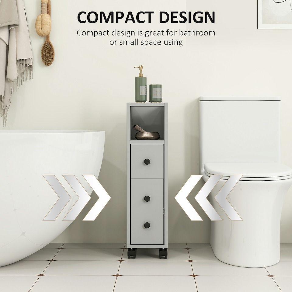 image 1 of kleankin Slim Bathroom Storage with 2 Drawers, 2 Open and Wheels, Grey | Grey | Black handles | Slimline