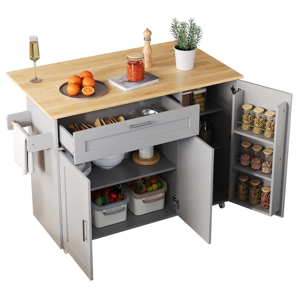 image 1 of VILUXE Mobile Kitchen Island with Foldable Worktop, Drawer, Adjustable Cabinets, 3 Door Spice Racks, Towel Rail and 5 Wheels, Grey