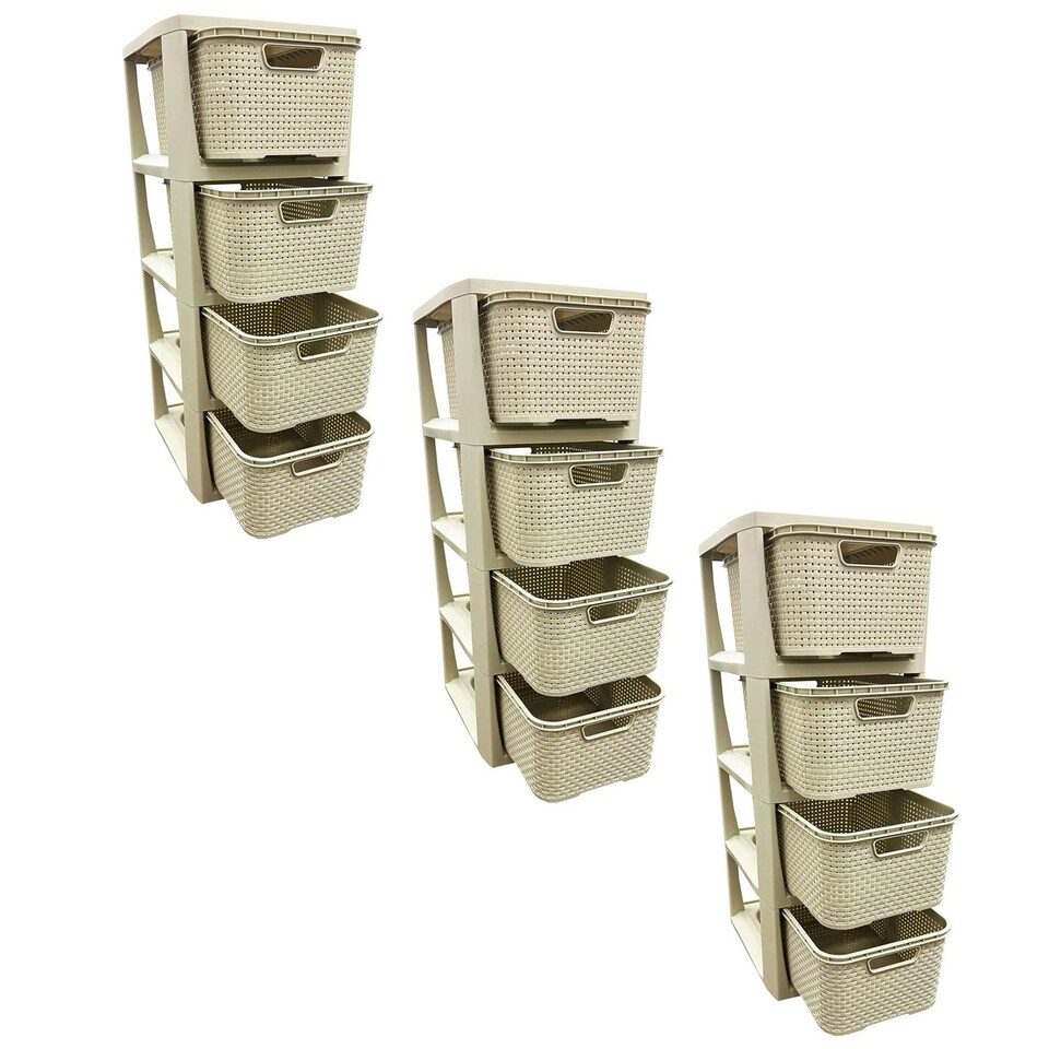 image 1 of Cream 4 Drawer Stylish Rattan Effect Storage Tower Commode Baskets For Home & Office Cream