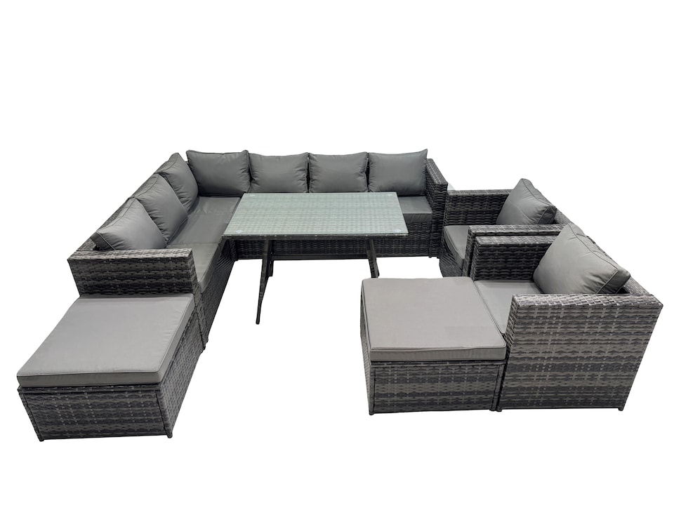 image 1 of Fimous 10-seater Outdoor PE Rattan Sofa Set with Dining Table Patio Garden Furniture Sets with 2 Chair 2 Big Stools Dark Grey Mixed