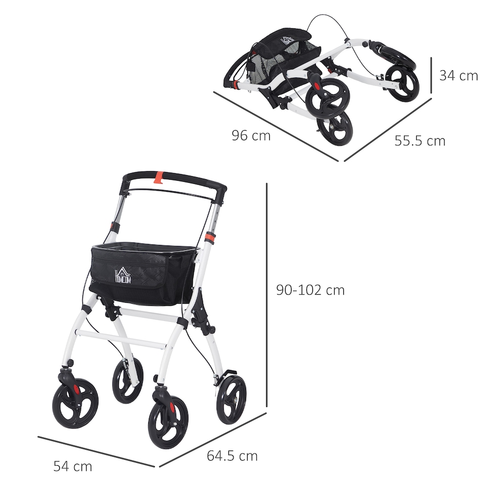 image 1 of HOMCOM Folding Upright Rollator Walker with Lightweight Walking Frame, Storage Bag, Tray, Dual Brakes, Adjustable Handle Height, Mobility Aid Rolling 4 Wheeled Walker for Seniors, White