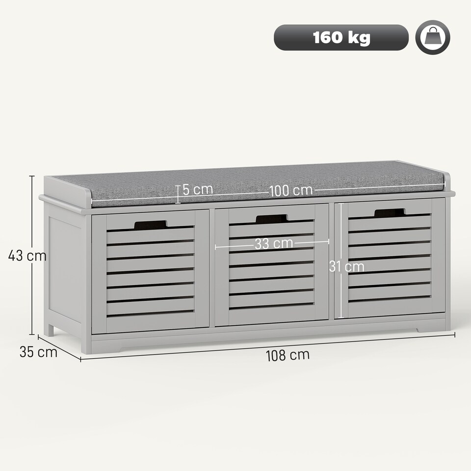 image 1 of HOMCOM Shoe Bench, Linen-look Shoe Storage Bench with 3 Drawers, Removable Seat Cushion and Slatted Doors for Hallway Entryway, Grey | Grey