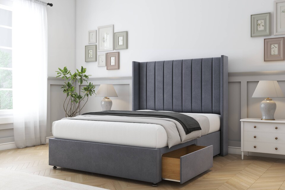 image 1 of Sloomy Falcon Steel Plush Divan Bed With Mattress No Drawers With 54" Wingback Headboard 4' Small Double | Grey | Steel | Small Double | 1