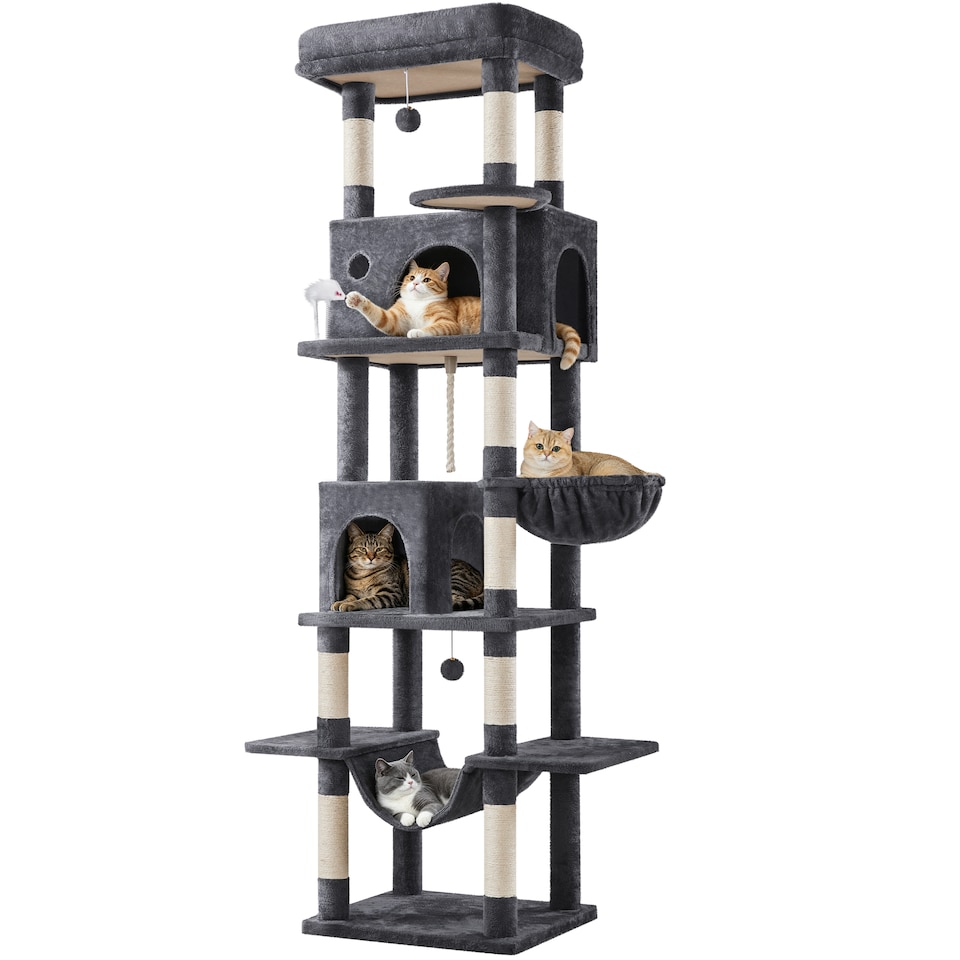 image 1 of Yaheetech 210cm Multi-Level Cat Tree with Large Top Perch, 2 Cat Condos, Hammock & Basket, Sisal Scratching Posts, Heavy Duty Cat Tower for Indoor Cats, Dark Grey