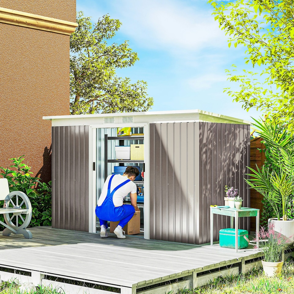 image 1 of Outsunny 9 x 4FT Metal Garden Storage Shed w/ 2 Door, Light Grey